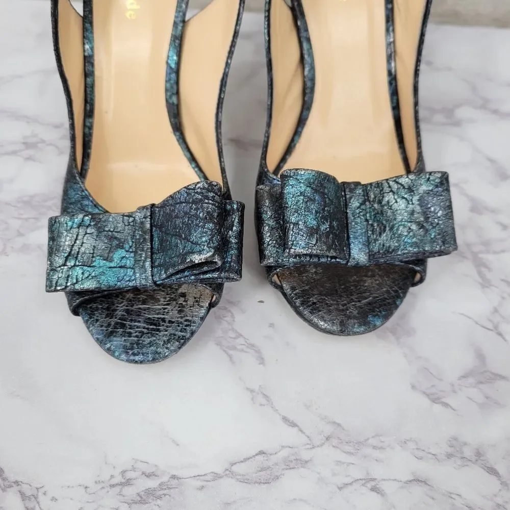 Kate Spade Leather Metallic Teal Silver Black Slingback Heels Bow Open Peep Toe